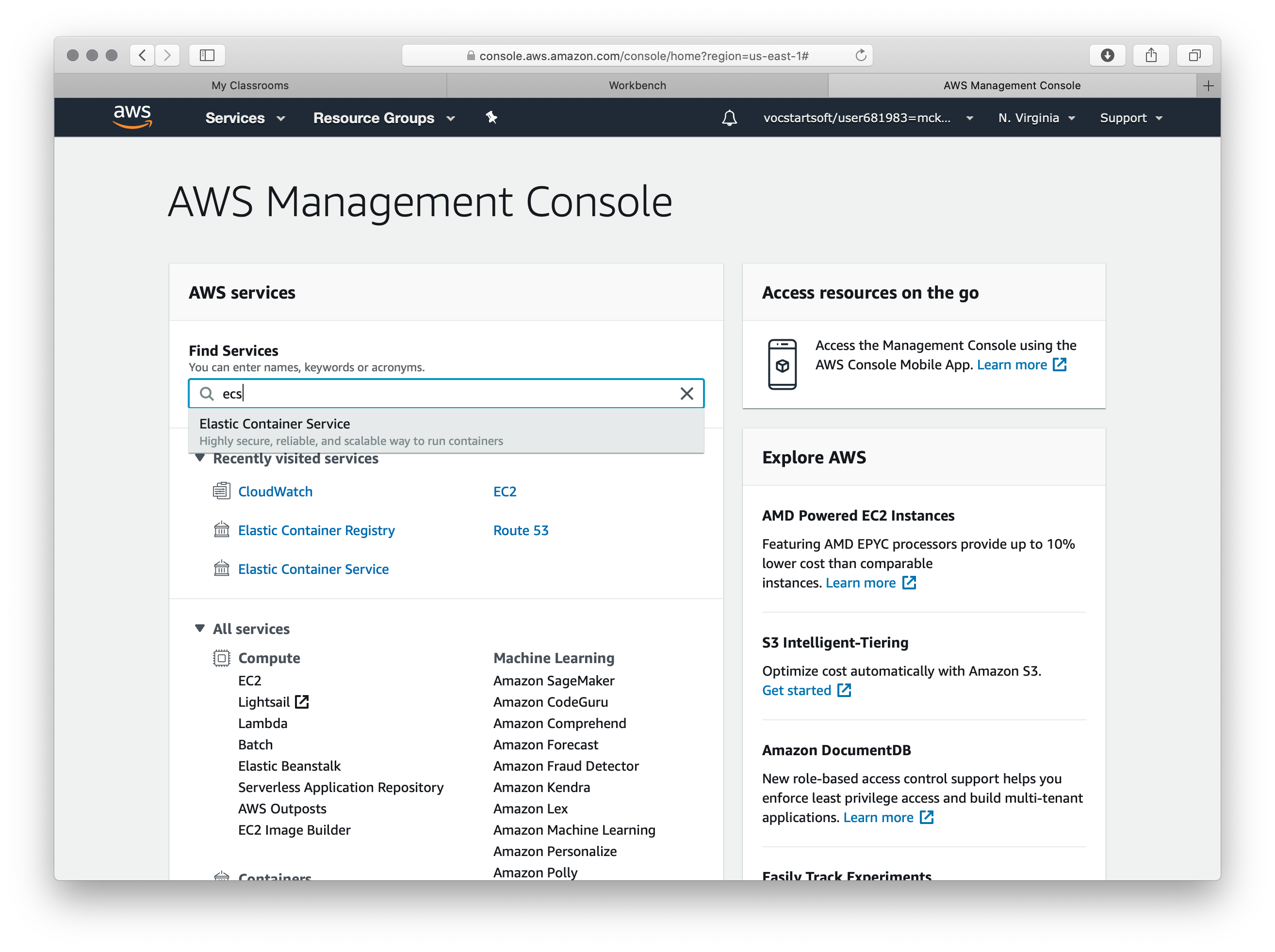 AWS console - search