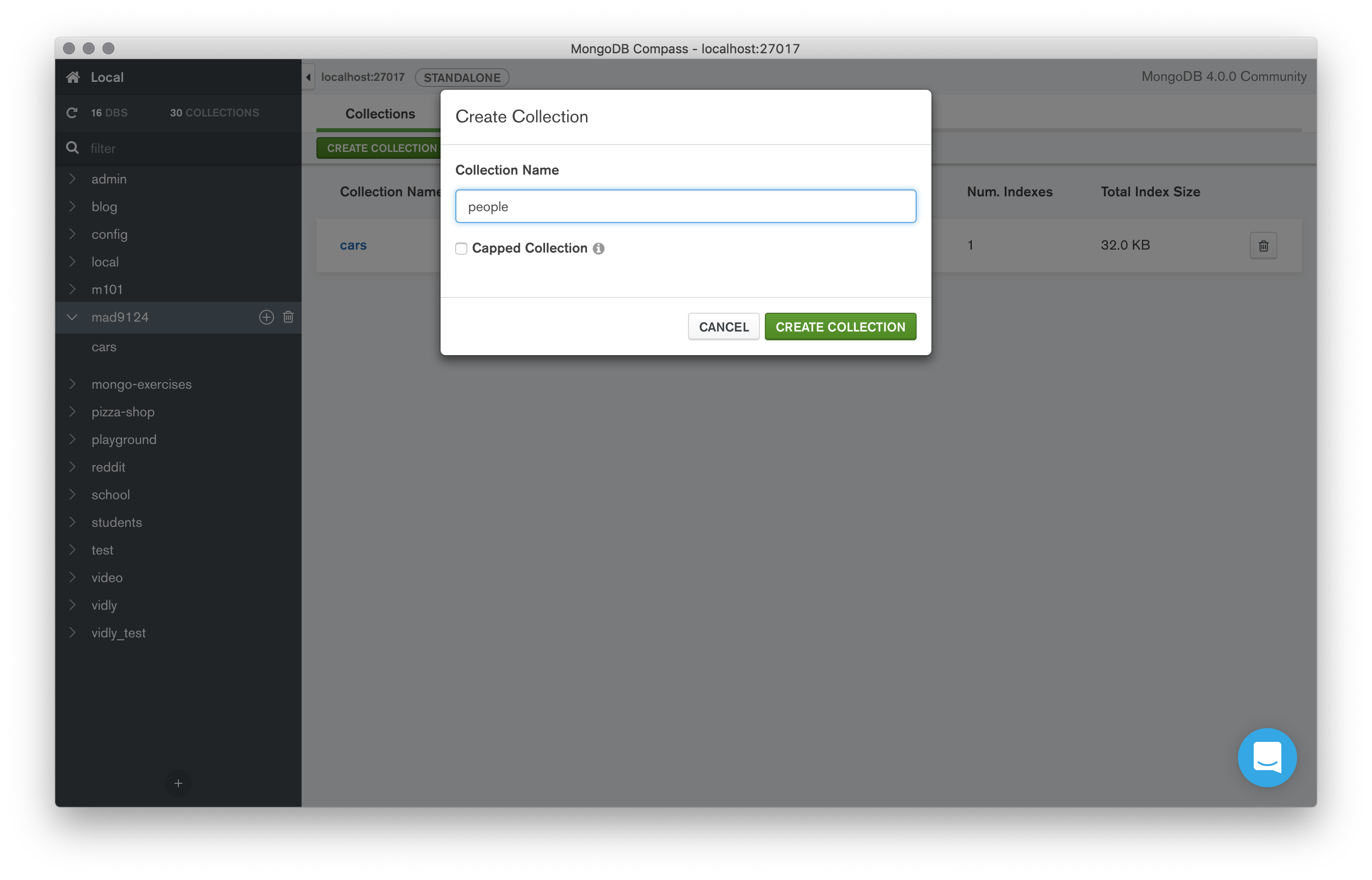 screenshot of MongoDB compass