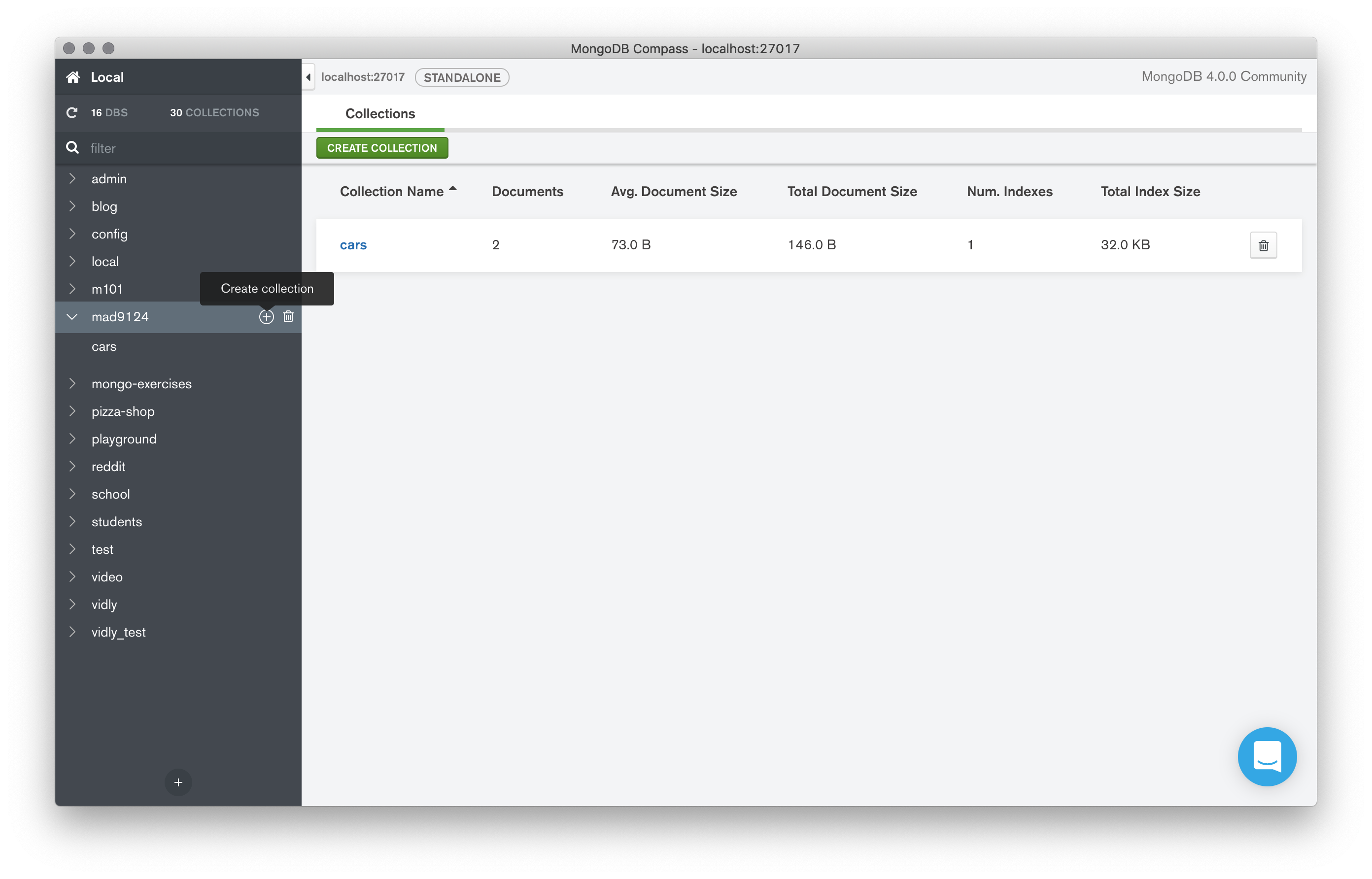 screenshot of MongoDB compass