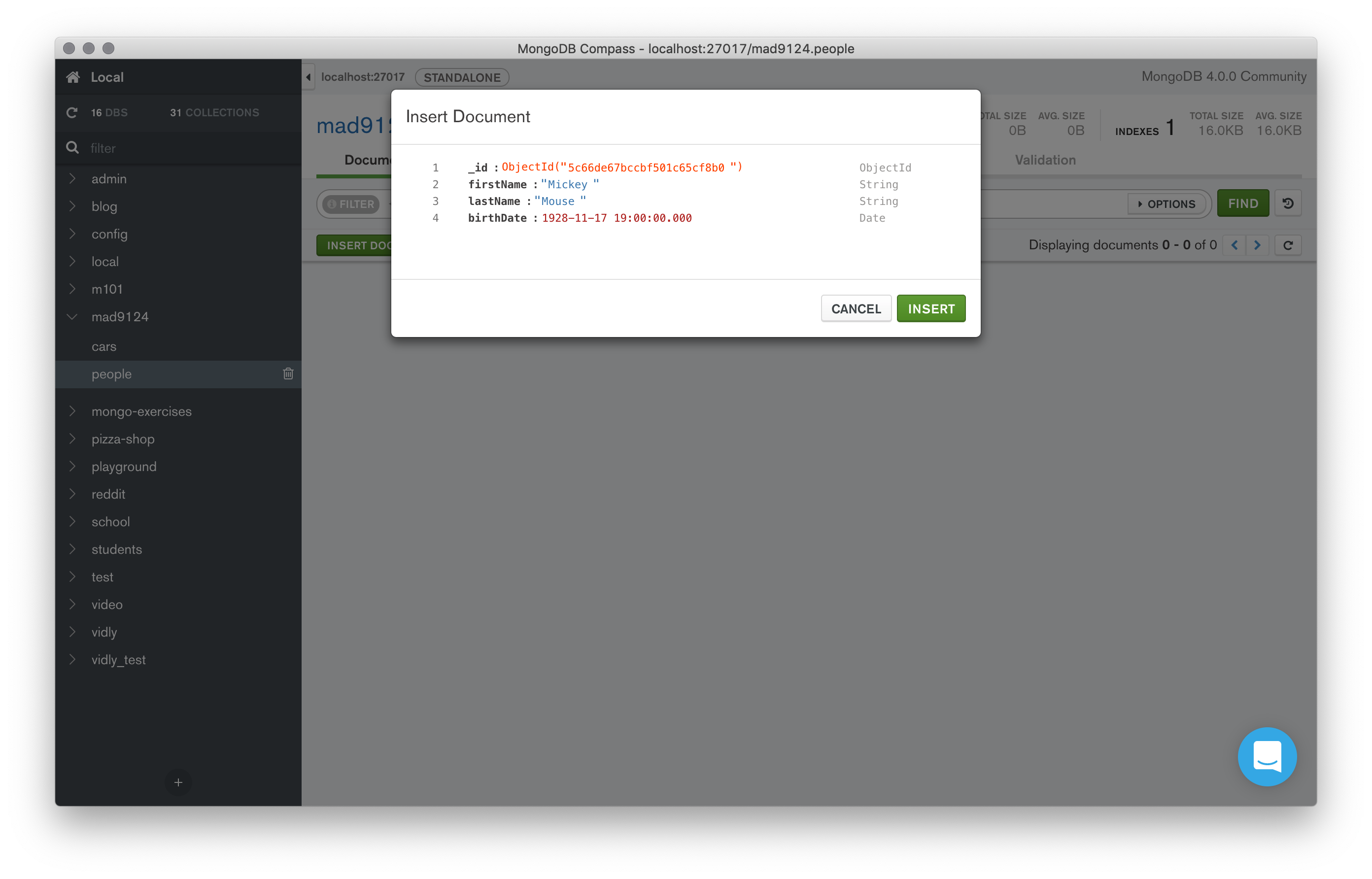 screenshot of MongoDB compass