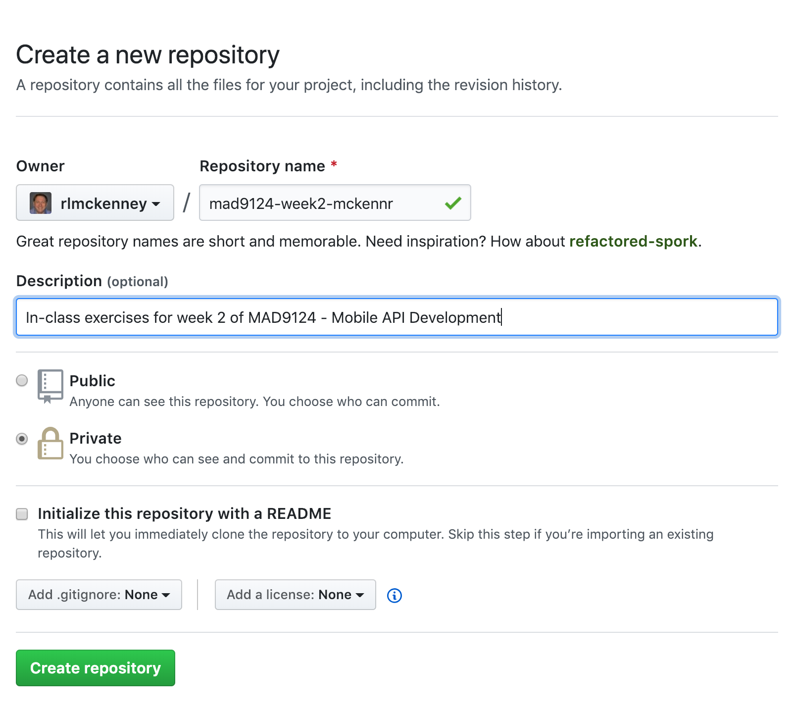 screenshot create GitHub repo example