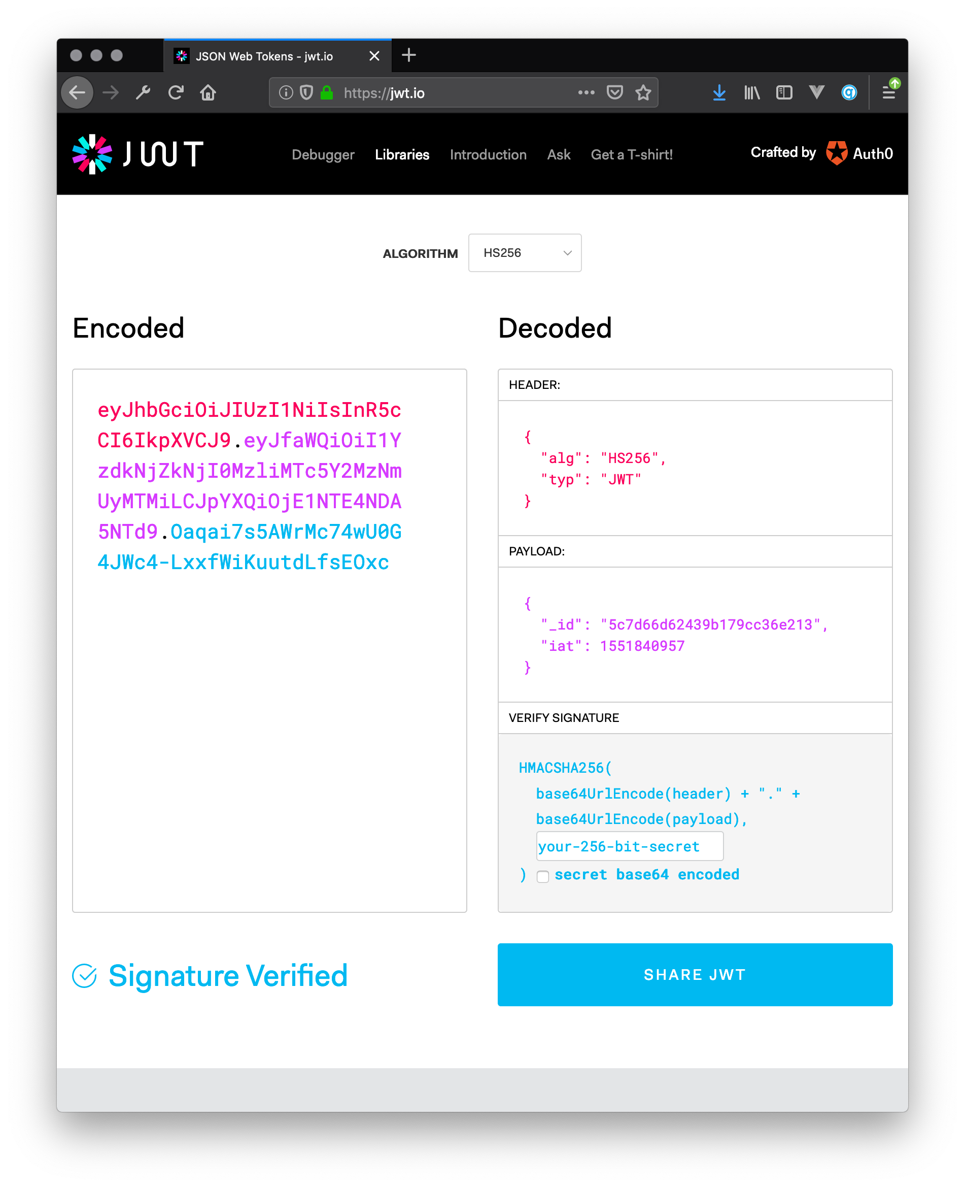 screenshot of the jwt.io website