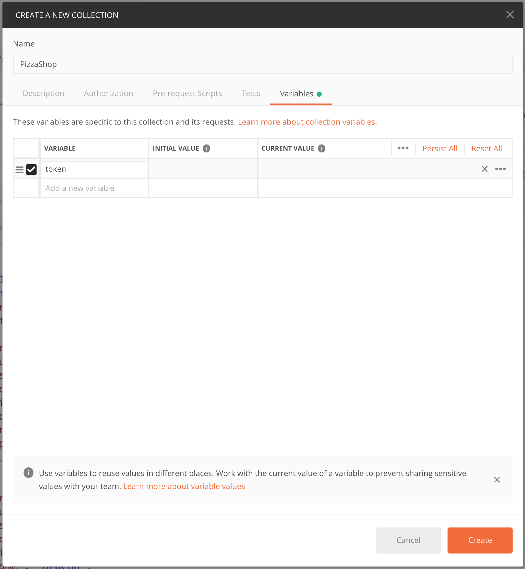 screenshot of Postman create collection dialog