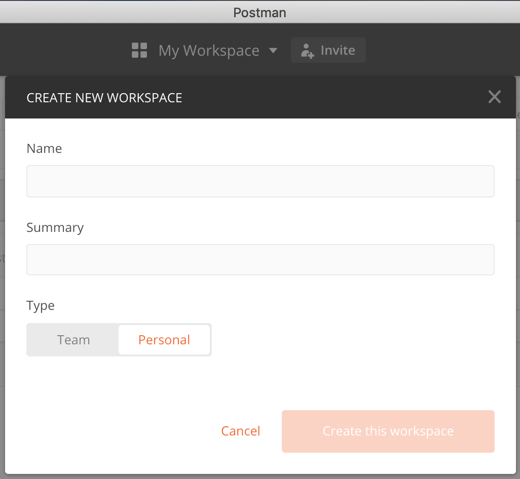 screenshot of Postman create workspace dialog