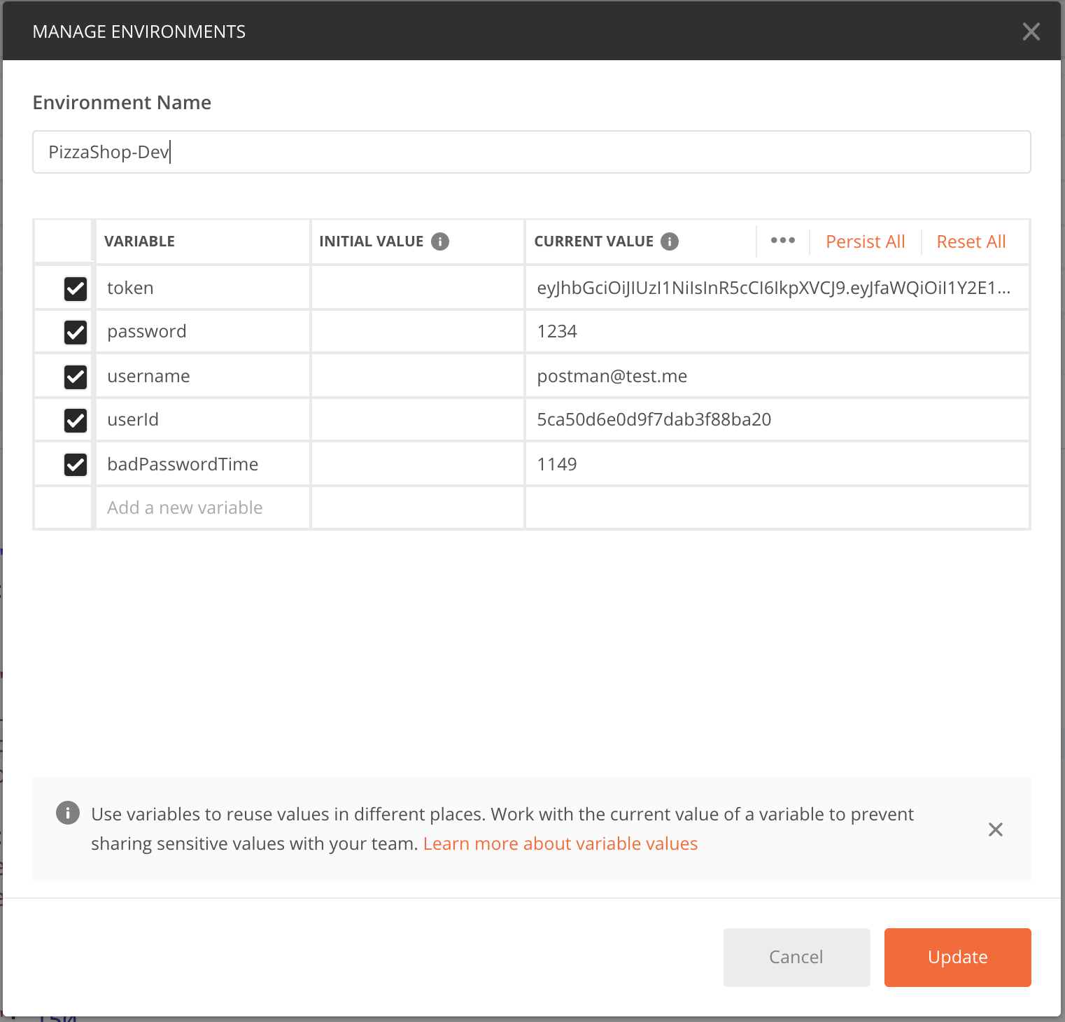 screenshot of Postman environment variables