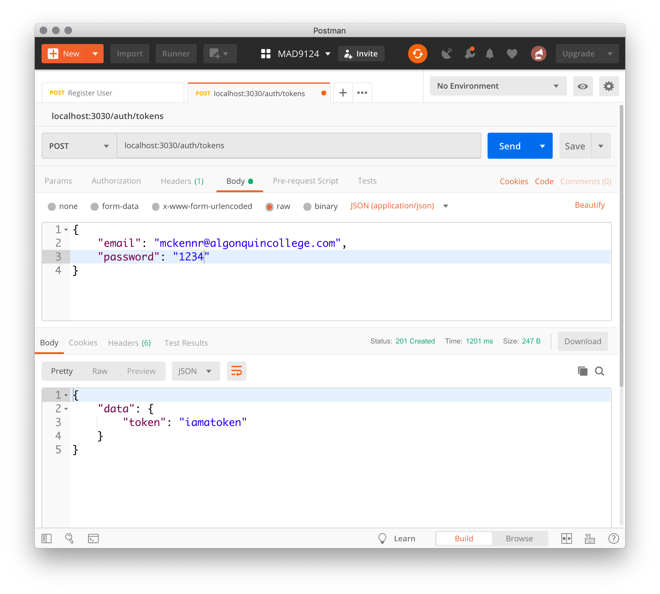 screenshot of successful login with Postman