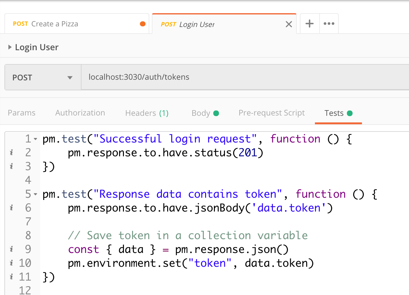 screenshot of Postman tests