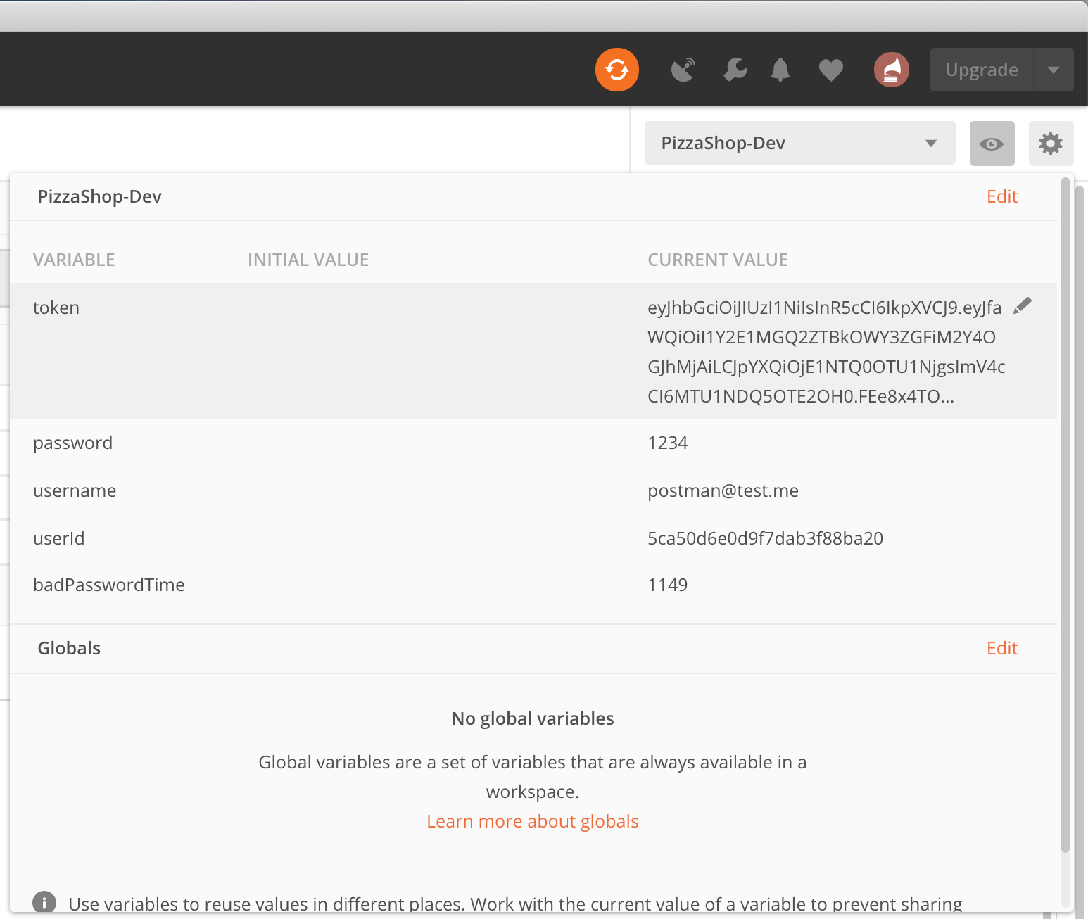 screenshot of Postman environment quick look