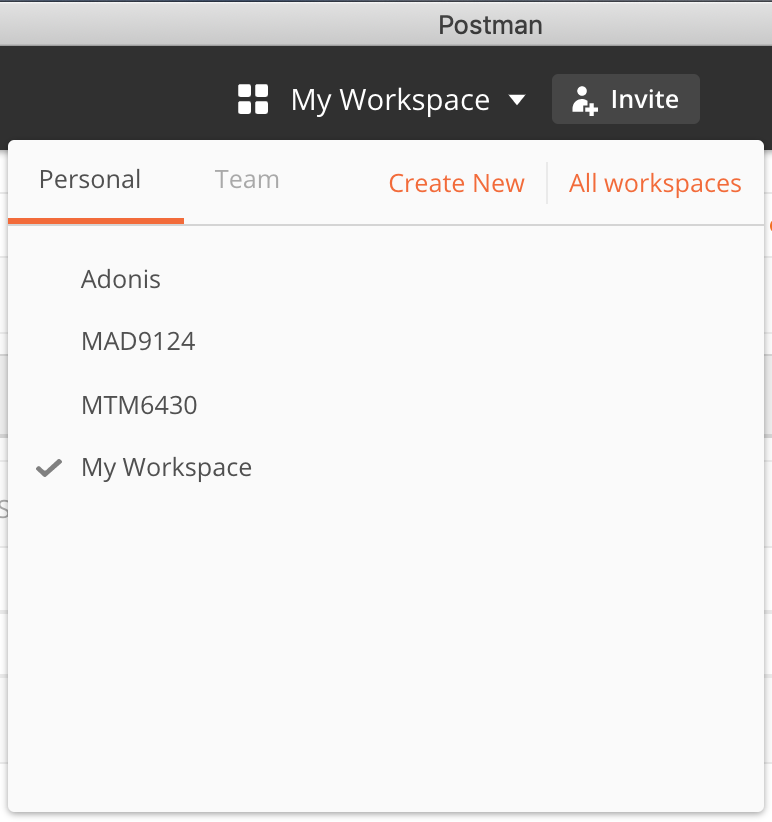 screenshot of Postman workspace list