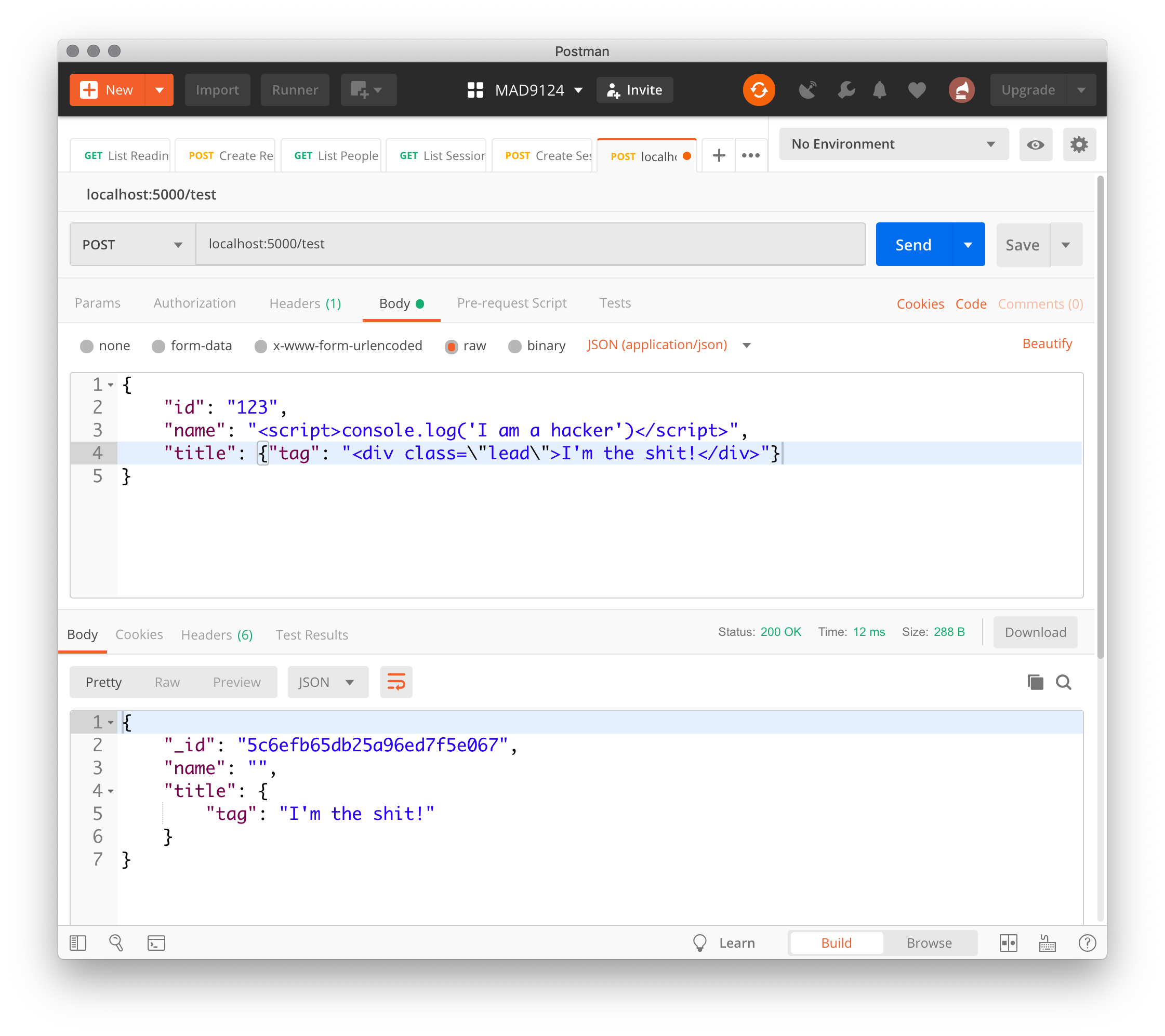 screenshot of Postman test